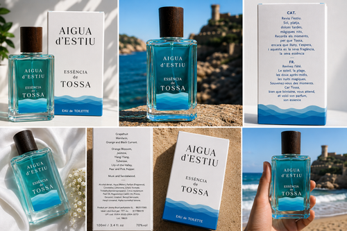 A collage showing a perfume bottle and its box in multiple settings. The product is labeled 'AIGUA D'ESTIU' and 'ESSENCIA DE TOSA' with 'EAU DE TOILETTE' visible.
